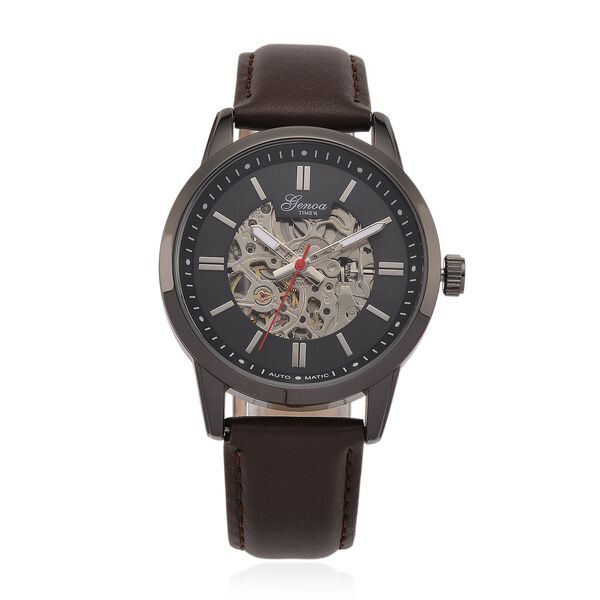 GENOA TIME V2 Automatikuhr mit mechanischem Automatikwerk, Zifferblatt Schwarz mit Sonnenschliff und offenem Design, Kaffeebraun Lederarmband 3 ATM wasserdicht image number 0