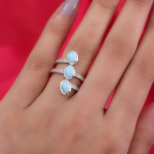 Larimar und Zirkon 3 Stein Ring 925 Silber Platin-&Uuml;berzug image number 3