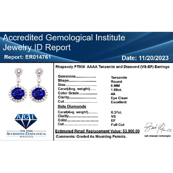 AAAA Tansanit, Weißer Diamant Ohrringe 950 Platin ca. 2,25 ct. image number 5