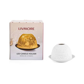 LED-Porzellan-Teelichthalter - Motiv Weihnachtsmann und Rentier, 13-Farben-LED mit Fernbedienung, Durchmesser 10,5 cm, H&ouml;he 7,5 cm