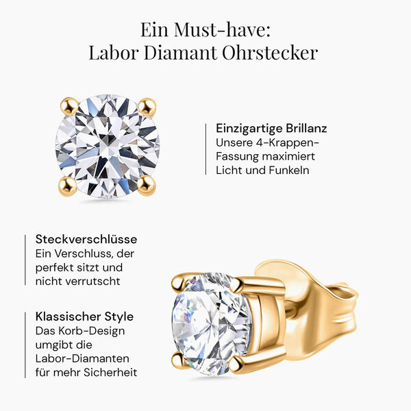 LUXURIANT VS Labor Diamant Ohrstecker, 925 Silber Gelbgold Vermeil - 1,50 ct. image number 2