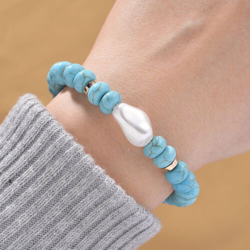 Weiße Muschelkernperle, Blauer Howlit Armband, flexibel, vergoldet 70.00 ct image number 1