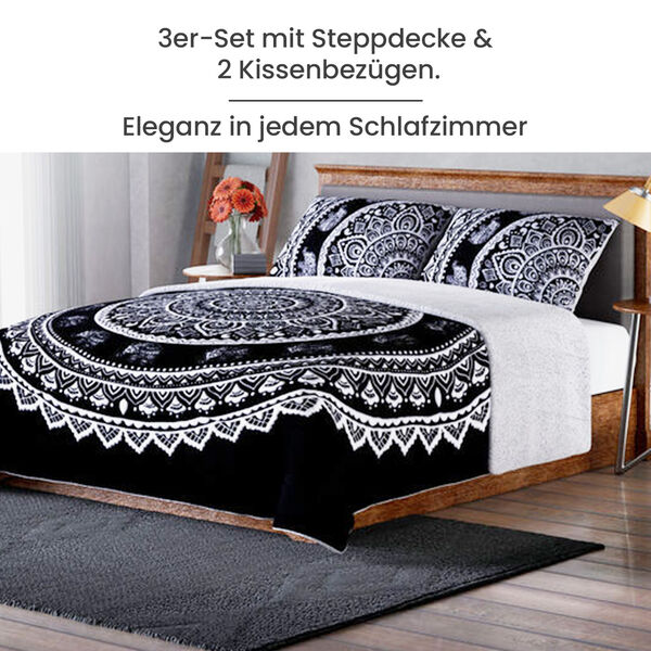 SERENITY NIGHT: 3er-Set - kuschelige Steppdecke und 2 Kissenbez&uuml;ge, Off-White und Dunkelblau&nbsp; image number 2
