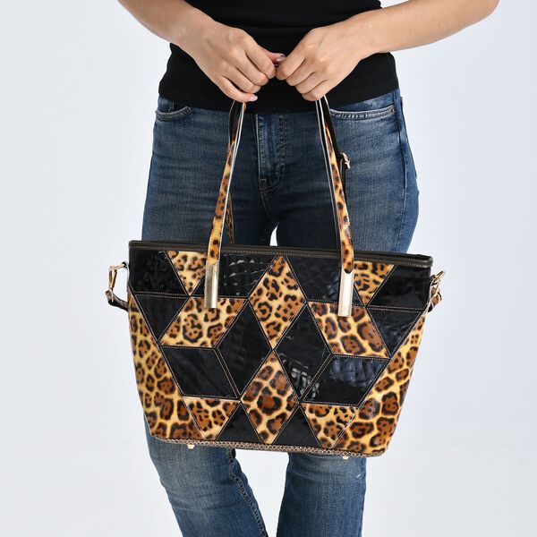 "Chaos by Elsie Genuine Leather Tote bag with RFID Color:black with brown leopard  Embossed crocdile shining rhomboid pattern Size:30*14*27cm           Wall: Genuine Leather Lining: Polyester                Exterior:zipped-2, Interior:zipped-2 , slip-2 image number 4