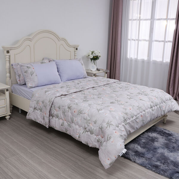 SERENITY NIGHT: 3er-Set - Bettdecke und 2 Kissenbez&uuml;ge, Blumenmuster, Grau und Wei&szlig;