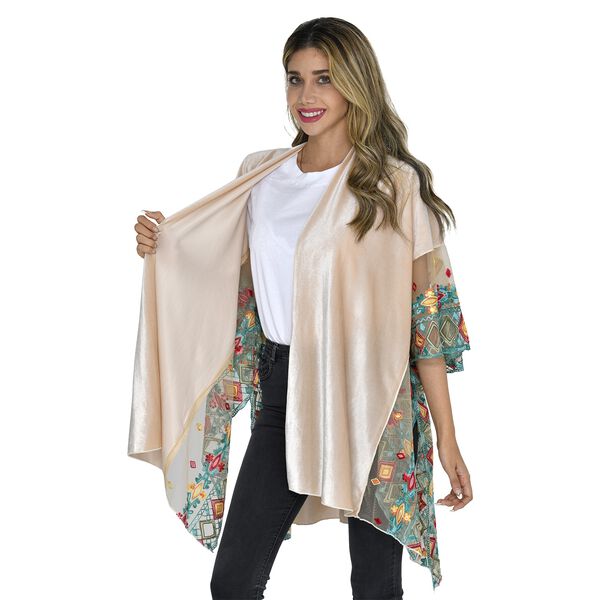 TAMSY - Kimono aus Samt mit Blumenstickerei, Einheitsgr&ouml;&szlig;e Beige image number 4