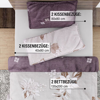 6-tlg. Bettw&auml;sche-Garnitur mit doppelseitigem Druck, Blumenmuster, beige