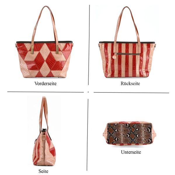 "Chaos by Elsie Genuine Leather Tote bag with RFID Color:red with grey  Embossed crocdile shining rhomboid pattern Size:30*14*27cm           Wall: Genuine Leather Lining: Polyester                Exterior:zipped-2, Interior:zipped-2 , slip-2 image number 5