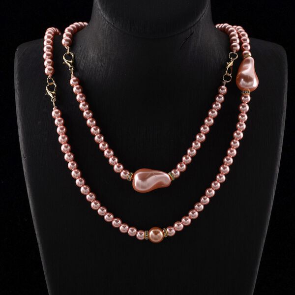 3er Set Rosa Muschelkernperlen-Schmuckst&uuml;cke, bestehend aus Armband (ca. 19 cm) und zwei Halsketten (ca. 40 cm und 50 cm), gelb vergoldet image number 2