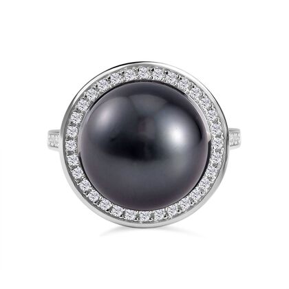 Tahiti Perle ( 13-14 mm ) Wei&szlig;er Zirkon Ring, 925 Silber rhodiniert, (Gr&ouml;&szlig;e 16.00)