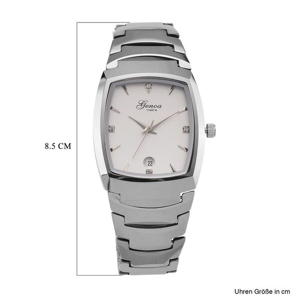 GENOA - Weißer Kristall Armbanduhr mit Datumsanzeige, Wolframstahlgehäuse, Reiner Edeslstahl, Silber image number 6