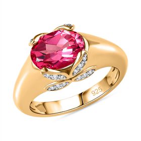 Lab Grown Padparadscha-Saphir, Wei&szlig;er Zirkon Ring, 925 Silber Gelbgold Vermeil (Gr&ouml;&szlig;e 19.00) ca. 2.78 ct