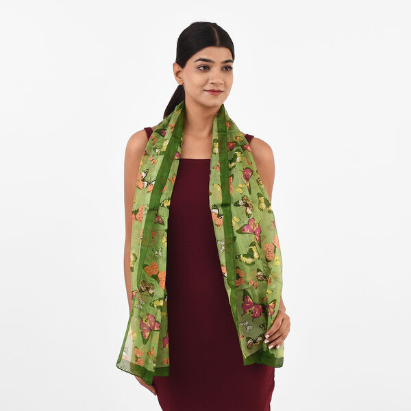 Bedruckter 100% Satin-Seidenschal, 48x160cm, Schmetterlinge gr&uuml;n image number 3