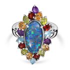 Boulder Opal Triplette, Mosambik Granat Ring 925 Silber rhodiniert (Gr&ouml;&szlig;e 17.00) ca. 6,73 ct