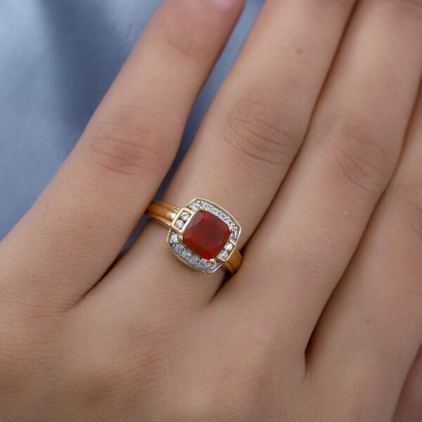 Mexikanischer Kirschfeuer-Opal und Zirkon Solitär Ring 925 Silber 585 Vergoldet image number 3