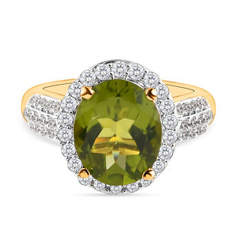 Nat&uuml;rlicher Peridot und wei&szlig;er Zirkon-Ring, 925 Silber Gelbgold Vermeil (Gr&ouml;&szlig;e 16.00) ca. 4,21 ct