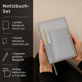 Notizbuch-Set, Silber, 2 Gr&ouml;&szlig;en, PU-Einband, Metallstift, Geschenkbox Schwarz