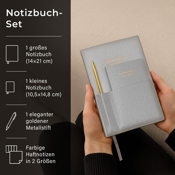 Notizbuch-Set, Silber, 2 Größen, PU-Einband, Metallstift, Geschenkbox Schwarz image number 2