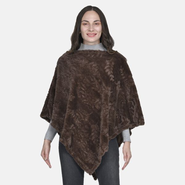Weicher Kunstfell Poncho mit 3D Bl&auml;tter Motiv, 85x100 cm, Braun image number 0