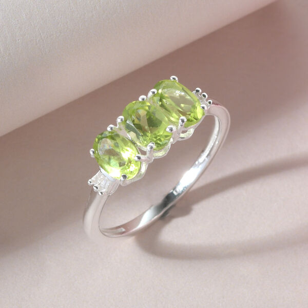 Nat&uuml;rlicher Peridot und Diamant 3 Stein Ring 925 Silber  ca. 1,28 ct image number 2