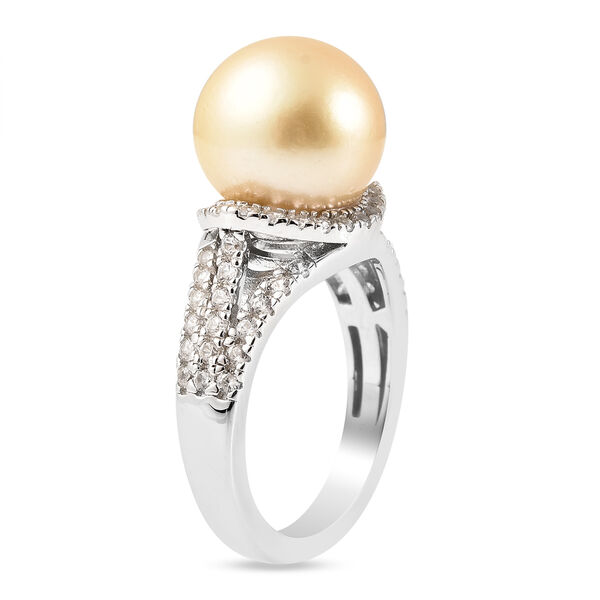 Goldene Südsee Perle und Zirkon Ring 925 Silber Rhodium-Überzug image number 4
