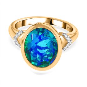 Pfau Quarz Triplette, Weißer Zirkon Ring 925 Silber 750 Gelbgold Vermeil (Größe 17.00) ca. 5,41 ct