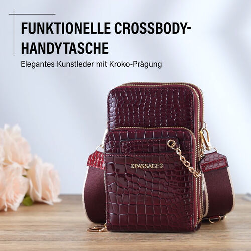 PASSAGE Crossbody Tasche aus PU-Lackleder mit Krokoprägung und RFID-Schutz, 18x7x11 cm, Bordeaux image number 1