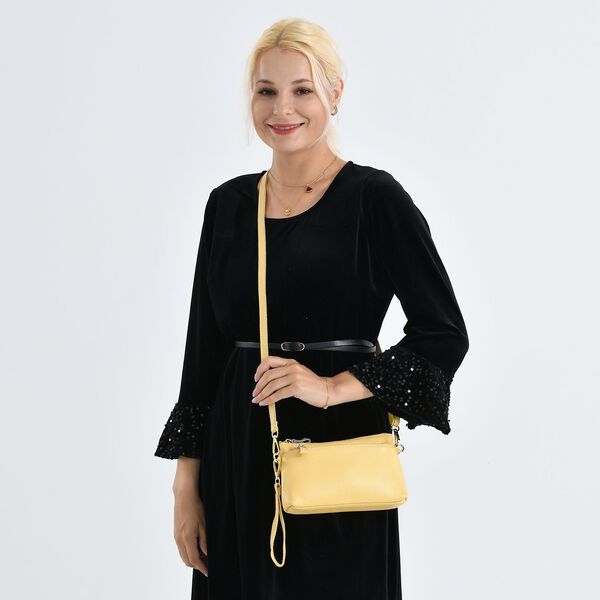 Leder Crossbody Tasche mit mehreren Rei&szlig;verschlussf&auml;chern und verstellbarem Schulterriemen 21.5 x 4 x 13 cm Gelb image number 2