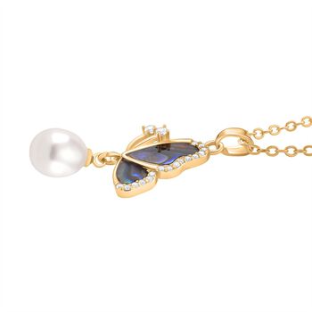 Wei&szlig;e S&uuml;&szlig;wasser Perle, Wei&szlig;er Zirkonia Schmuckset (ca. 50 cm + 5 cm Extender), Nickelfreies Messing gelb vergoldet