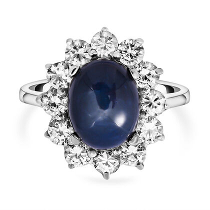 Blauer Stern Saphir und weißer Zirkon-Ring, 925 Silber platiniert (Größe 16.00) ca. 5,46 ct