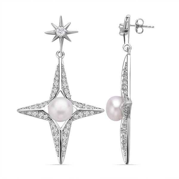 Weiße Süßwasser Perle und weiße Zirkonia-Ohrringe, Messing image number 4