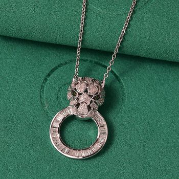 GP Trifono Kollektion- Panther wei&szlig;er und gr&uuml;ner Diamant und Kanchanaburi blauer Saphir Anh&auml;nger mit 45cm Kette, 925 Silber rhodiniert - 0.99 ct.