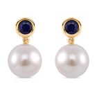 Weiße Muschelkernperle, Masoala Saphir (Fissure gefüllt) Ohrringe 925 Silber vergoldet