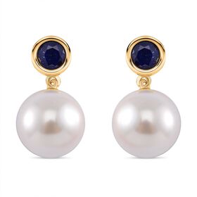 Weiße Muschelkernperle, Masoala Saphir (Fissure gefüllt) Ohrringe 925 Silber vergoldet