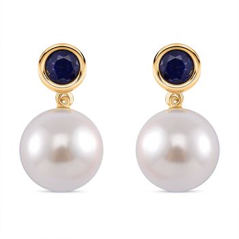 Wei&szlig;e Muschelkernperle, Masoala Saphir (Fissure gef&uuml;llt) Ohrringe 925 Silber vergoldet