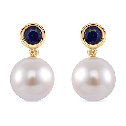 Wei&szlig;e Muschelkernperle, Masoala Saphir (Fissure gef&uuml;llt) Ohrringe 925 Silber vergoldet