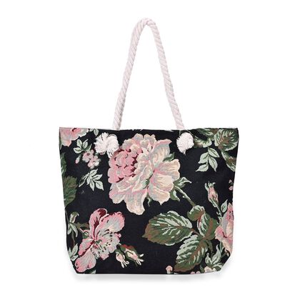 Gewebte Jutetasche mit buntem Blumenmuster, Ma&szlig;e: 42x34xx37cm, Schwarz