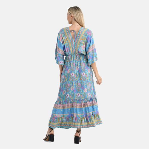 Maxikleid mit Platzdruck, Kimono-Ärmeln, elastischer Taille und Stufenrock, Rückenschleife, 100% Viskose, 38x135 cm (erweiterbar bis 62 cm), Rot gemustert, Blau image number 1