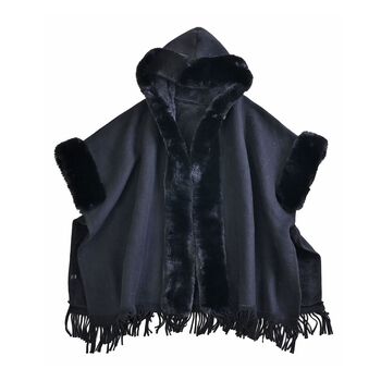 Winter- und Herbst-Poncho aus Kunstfell, Achwarz