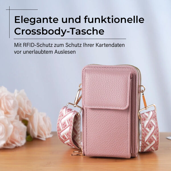 Crossbody-Handytasche mit RFID-Schutz und gemustertem Trageriemen, 19x6x11 cm, Rosa image number 2