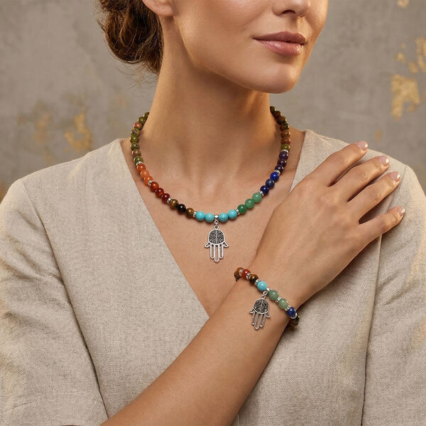 2er Set - Hamsa Hand Anh&auml;nger Set mit Mehrfarbigen und Unakite Edelsteinperlen Chakra Halskette und Armband image number 3
