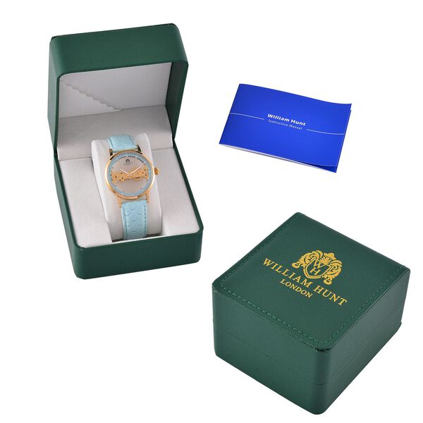 William Hunt Automatik-Uhr, Hohles Zifferblatt mit wei&szlig;en Kristallen, Himmelblau Lederarmband, 5ATM wasserdicht image number 8