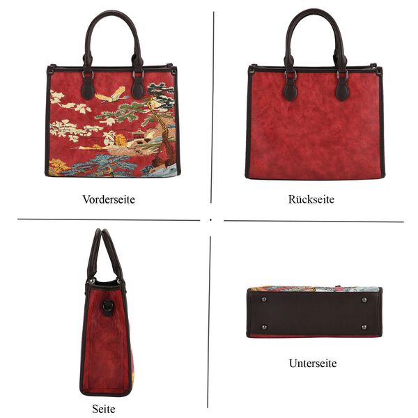 Bestickte Crossbody Tasche, Kunstleder, Blumen Design, 32 x 12 x 25 cm, Rot image number 5