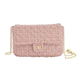 Umhängetasche aus 100% echtem Leder mit Bouclé-Stoff, Rosa