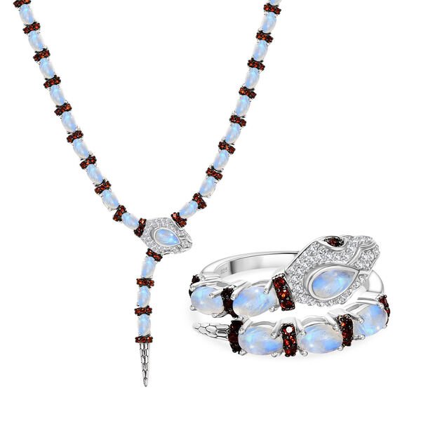 GP Trifono Kollektion- AAA Regenbogen Mondstein, Mosambik Granat, Zirkon und blauer Saphir Ring und 45cm Halskette