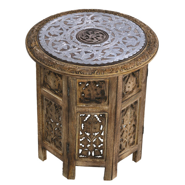 NAKKASHI - Handgefertigter Couchtisch aus Mangoholz mit Metallpr&auml;gung, Burn-Finish und kunstvoller Schnitzerei, ca. 45x45x45cm, Natur