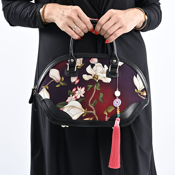 Seidenbrokat Tasche aus 100% Leder mit natürlicher Jade Quaste, Größe 35x23x13 cm, Schwarz image number 3