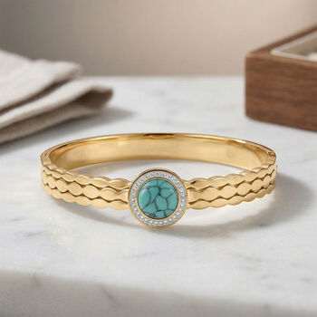 Gr&uuml;ner Howlit, Wei&szlig;er Kristall Armreif ca. 19 cm 316L Edelstahl, vegoldet