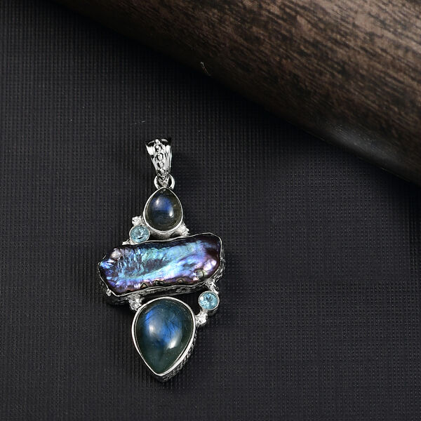 D'Joy S&uuml;&szlig;wasser Pfau Perle, Labradorit Anh&auml;nger 925 Silber rhodiniert 13.23 ct image number 2