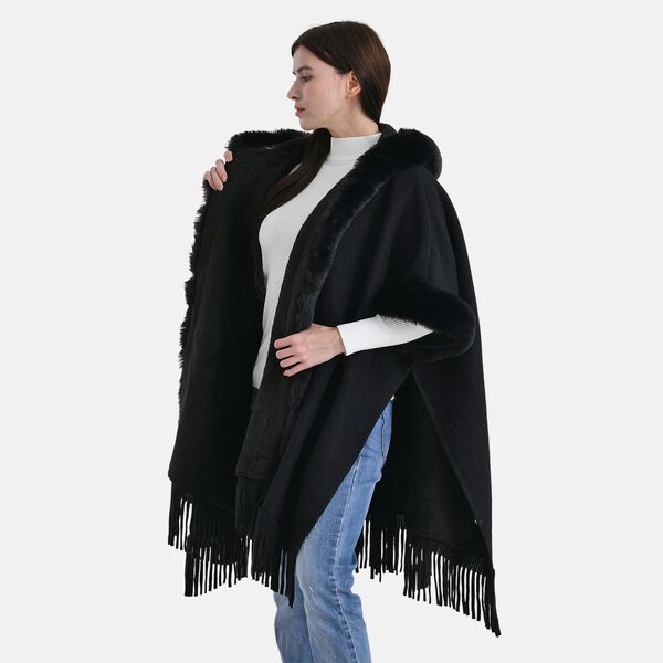 LA MAREY - Poncho aus Webpelz mit Fransen und Fleecefutter, Einheitsgröße, Schwarz image number 5